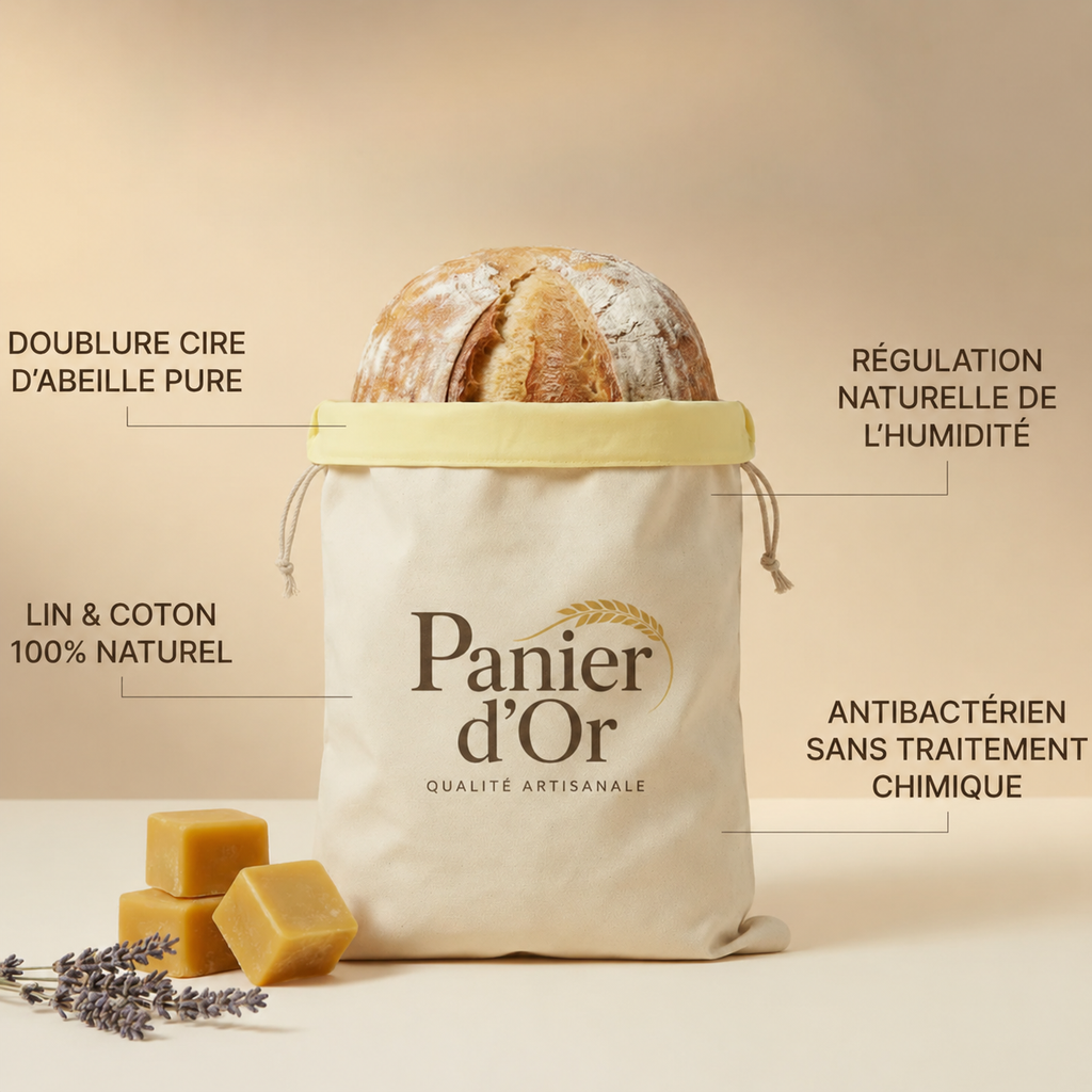 PANIER D’OR™ - Le sac à pain en cire d’abeille qui garde votre pain frais plus longtemps.